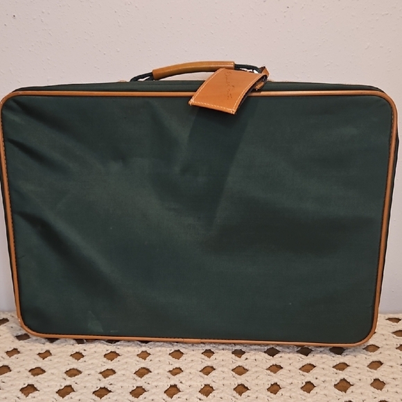 Oscar De La Renta Vintage Canvas Green & Tan Luggage Suit Case - Picture 6 of 16